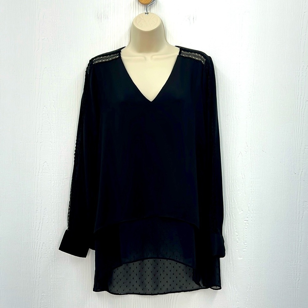 White House Black Market - Lace Insert Black Tunic V Neck Layered Blouse Small
